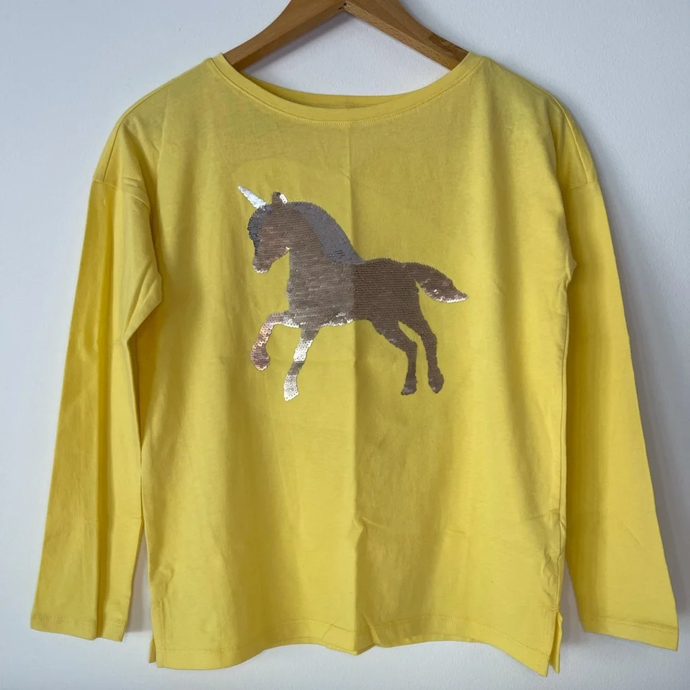GAPKids Long Sleeve T-Shirt Unicorn Flip Sequins Yellow NWT Girls Size XL